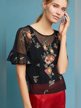 Anthropologie Maeve Cadiz Embroidered Floral Mesh Blouse Top Black Boho Large